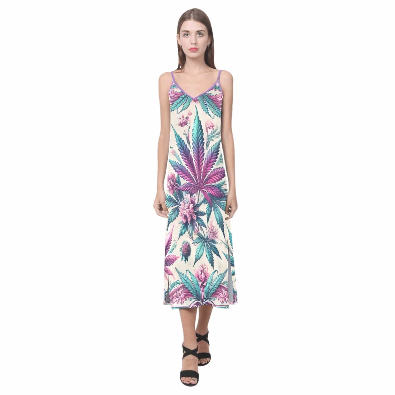 Roller Queen Silky Dress V-Neck Open Fork Long Dress( D18)
