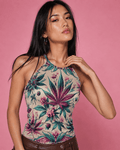 Graphic print racerback tank top, back view on model