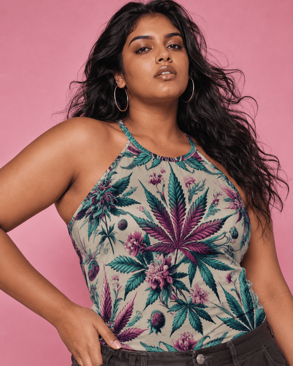 Jane Dope graphic print racerback tank top, lifestyle shot on model