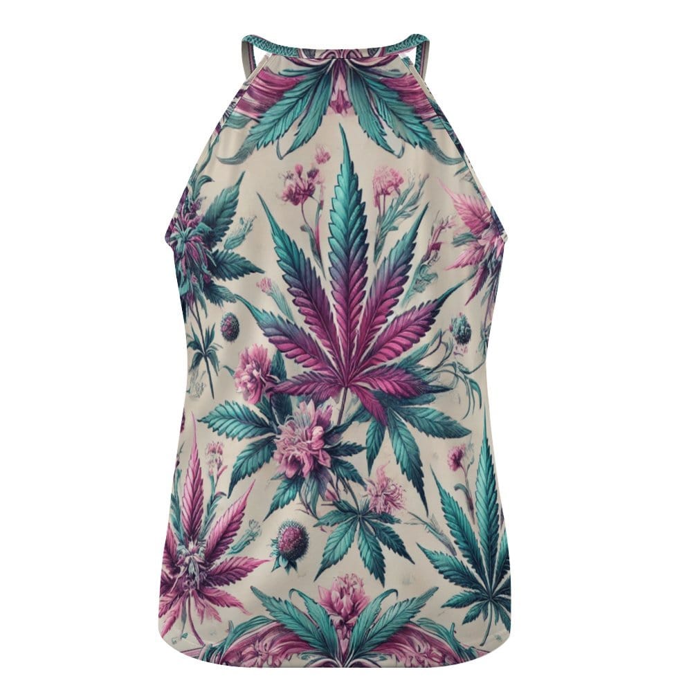 Graphic print racerback tank top, neckline detail close-up