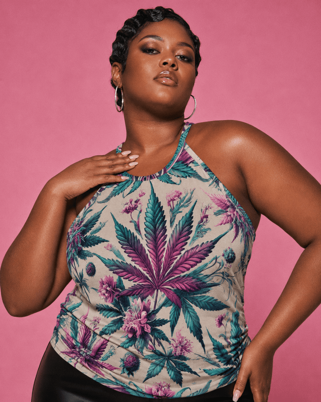 Graphic print racerback tank top, full length lifestyle shot on model