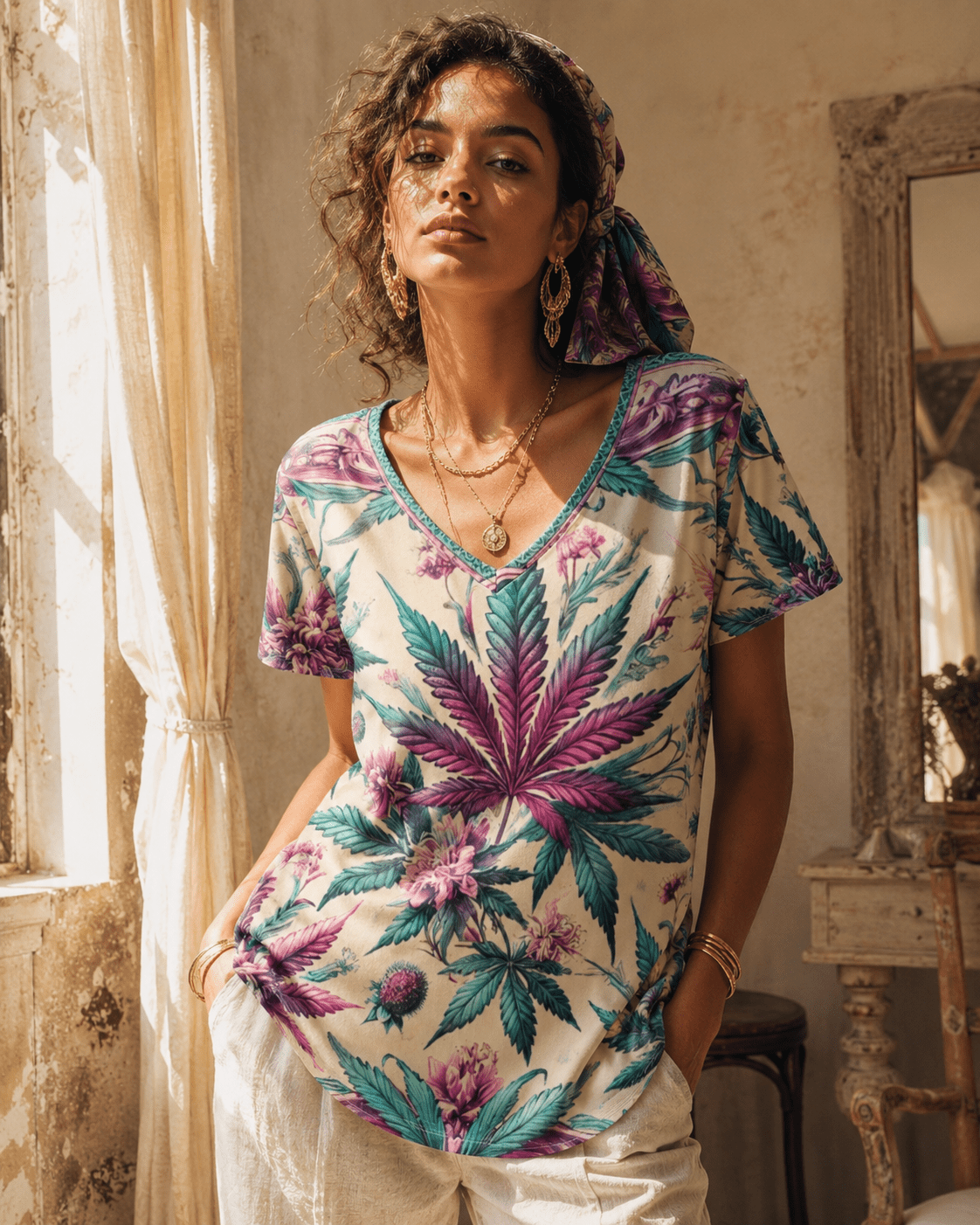 Jane Dope Roller Queen graphic print v-neck t-shirt, front view on model