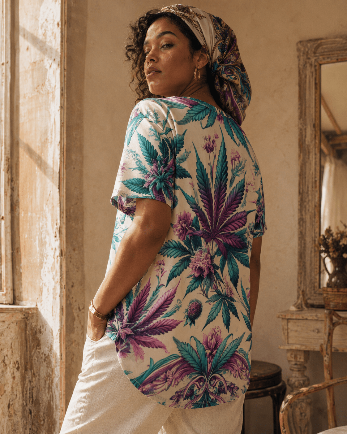 Roller Queen graphic print v-neck t-shirt, walking shot on model