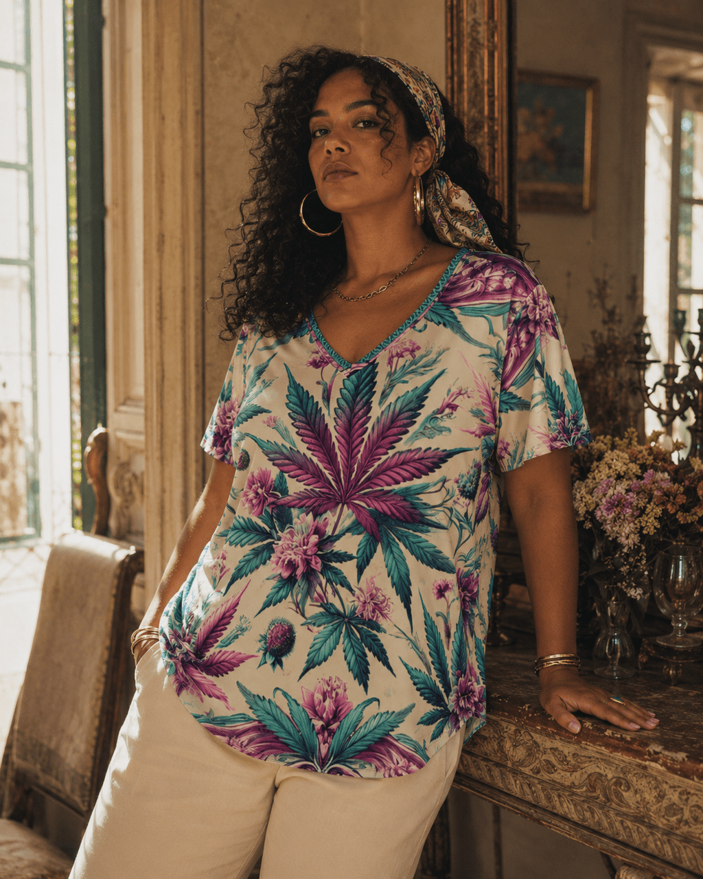 Roller Queen graphic print v-neck t-shirt, full length view on model outdoors