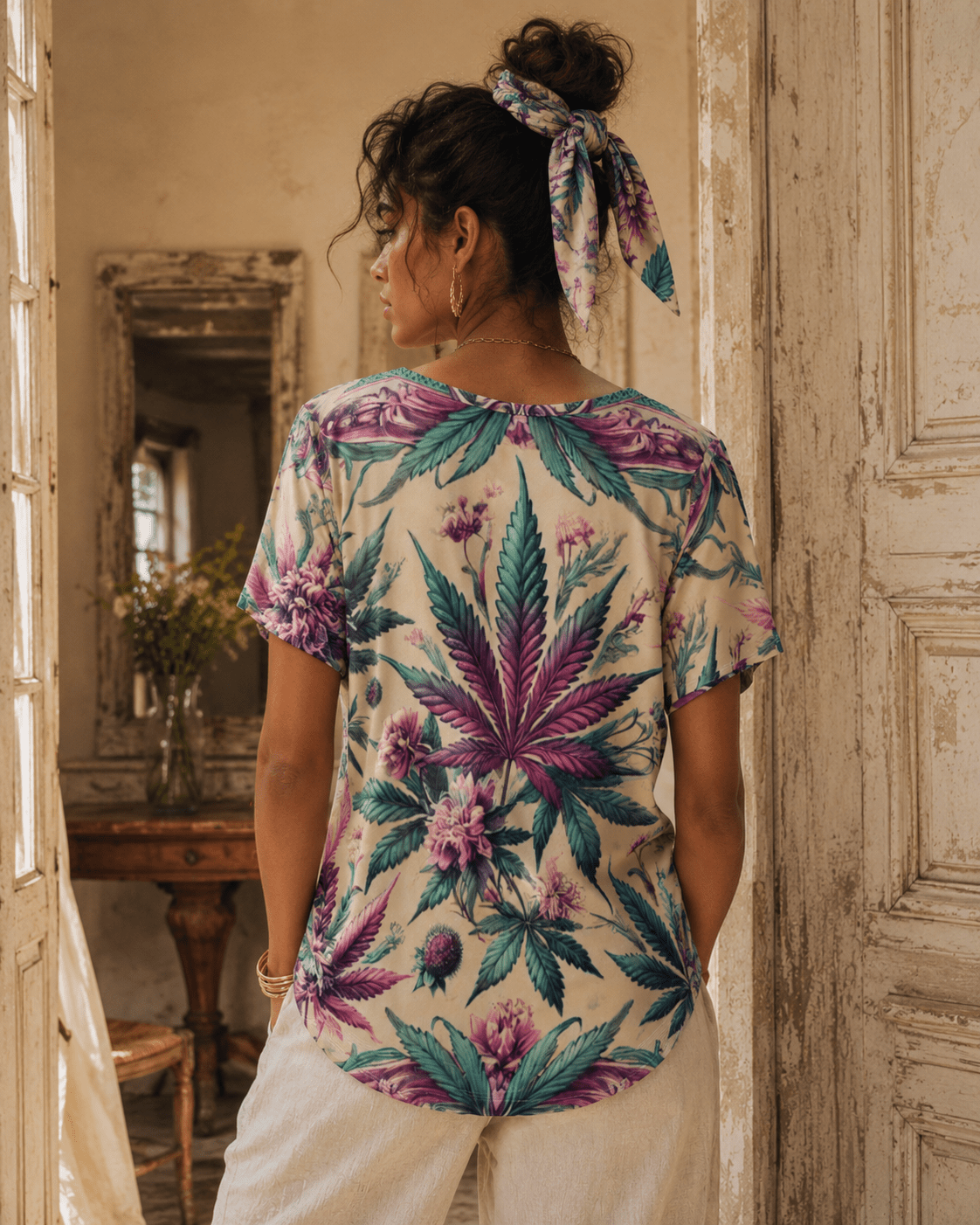 Roller Queen graphic print v-neck t-shirt, side view on model