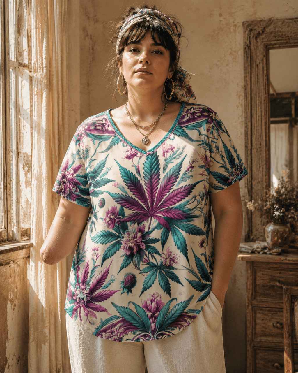 Roller Queen graphic print v-neck t-shirt, lifestyle editorial shot on model