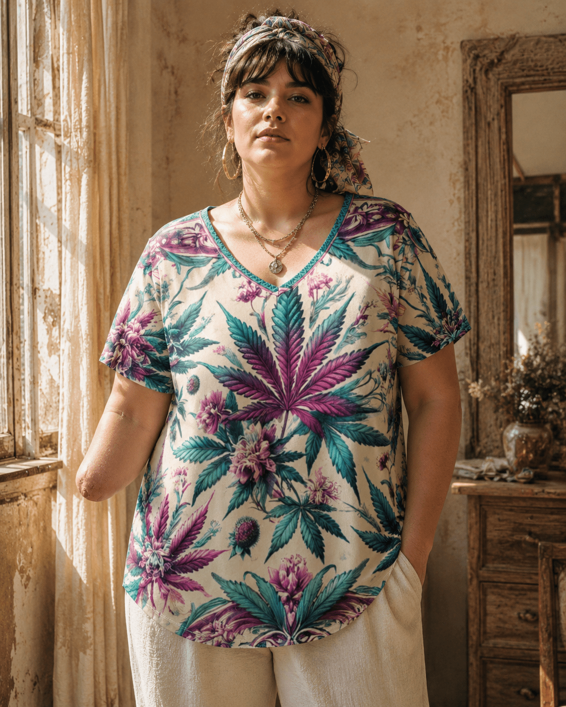 Roller Queen graphic print v-neck t-shirt, lifestyle editorial shot on model