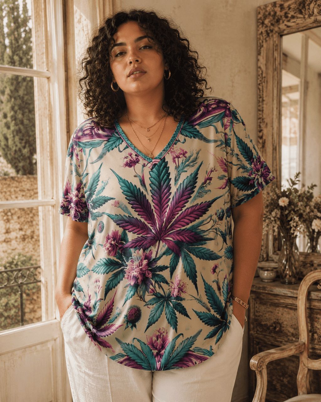 Roller Queen graphic print v-neck t-shirt, seated lifestyle shot on model
