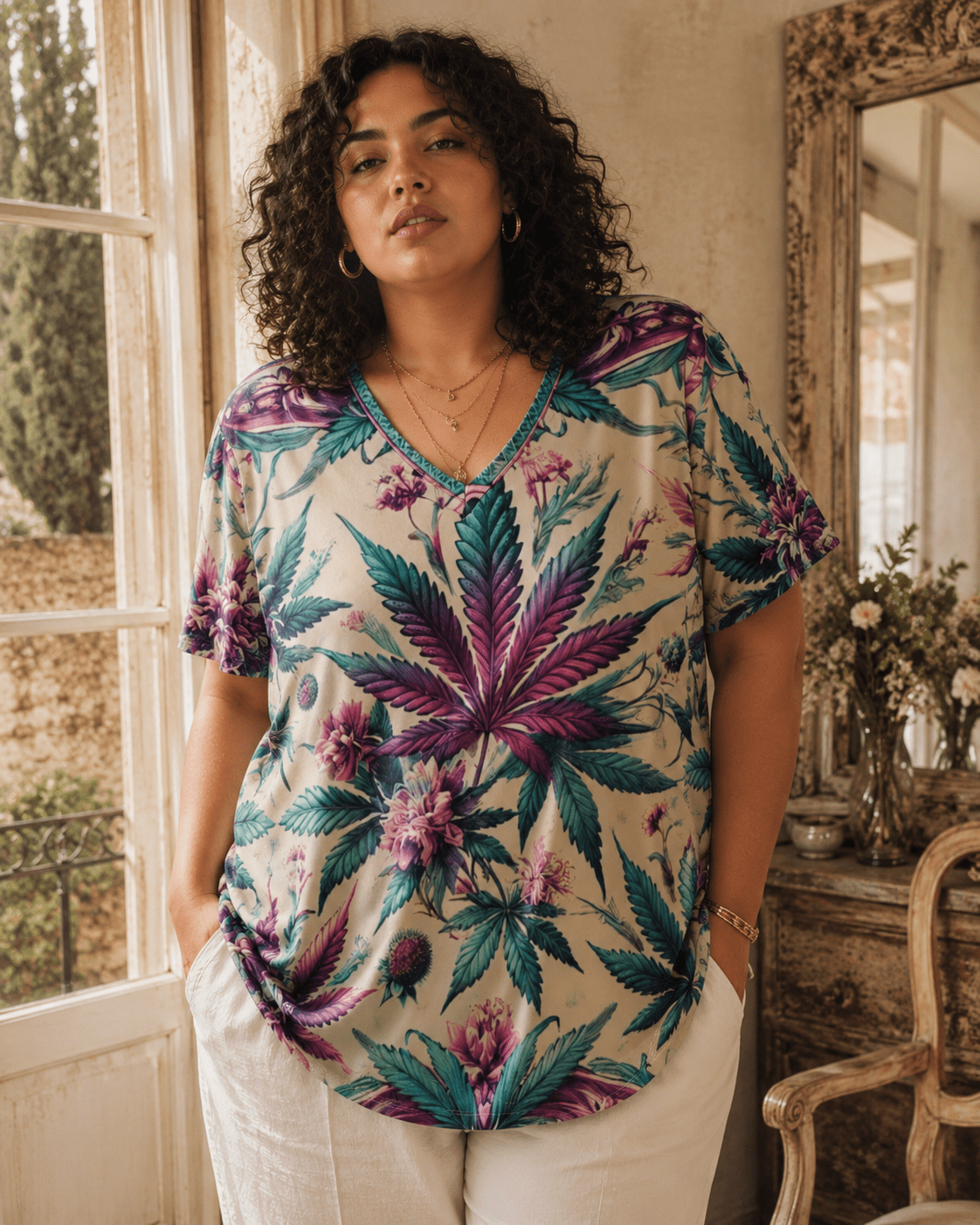 Roller Queen graphic print v-neck t-shirt, seated lifestyle shot on model