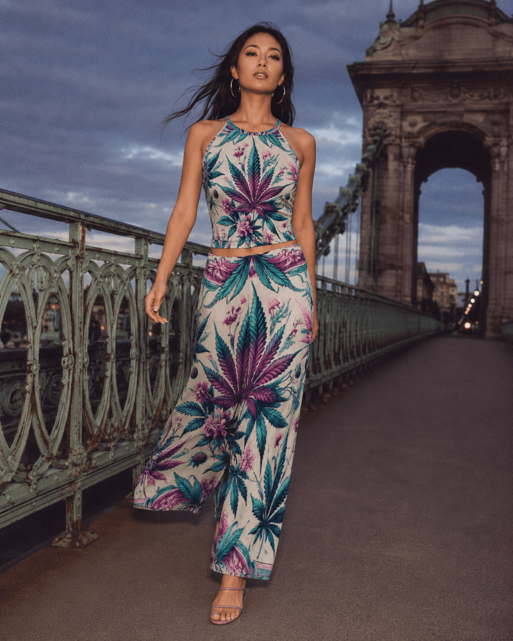 Graphic print wide leg flow pants, back view on model