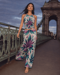 Graphic print wide leg flow pants, back view on model