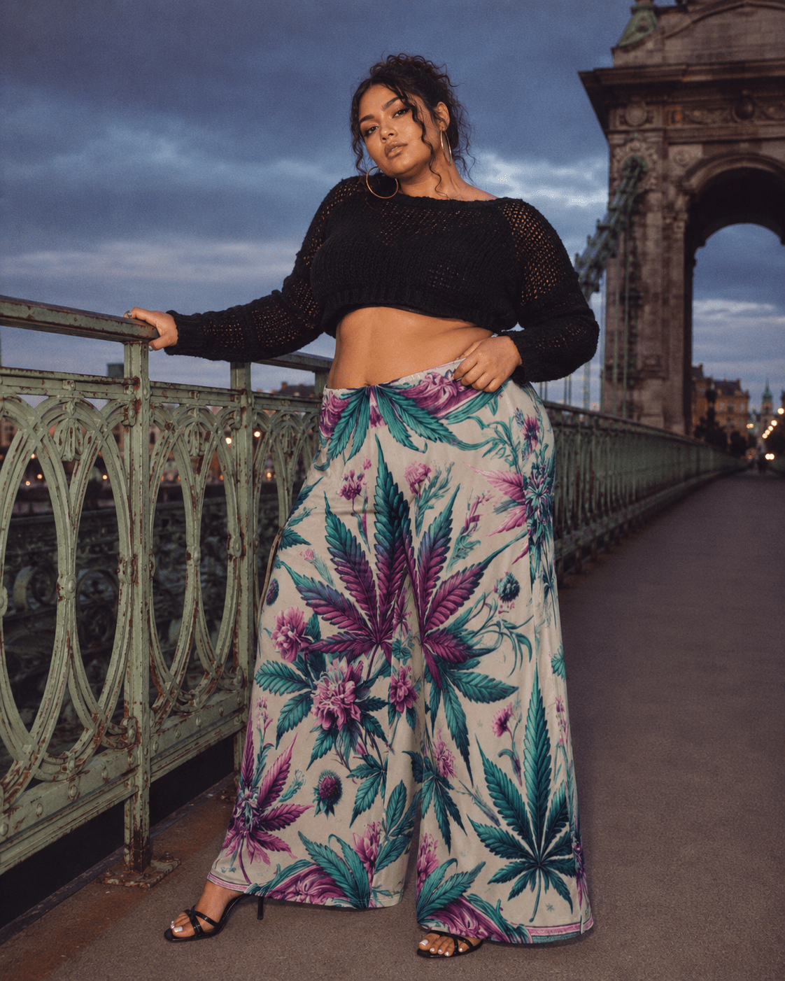 Graphic print wide leg flow pants, seated lifestyle shot on model