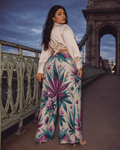 Graphic print wide leg flow pants, side view on model