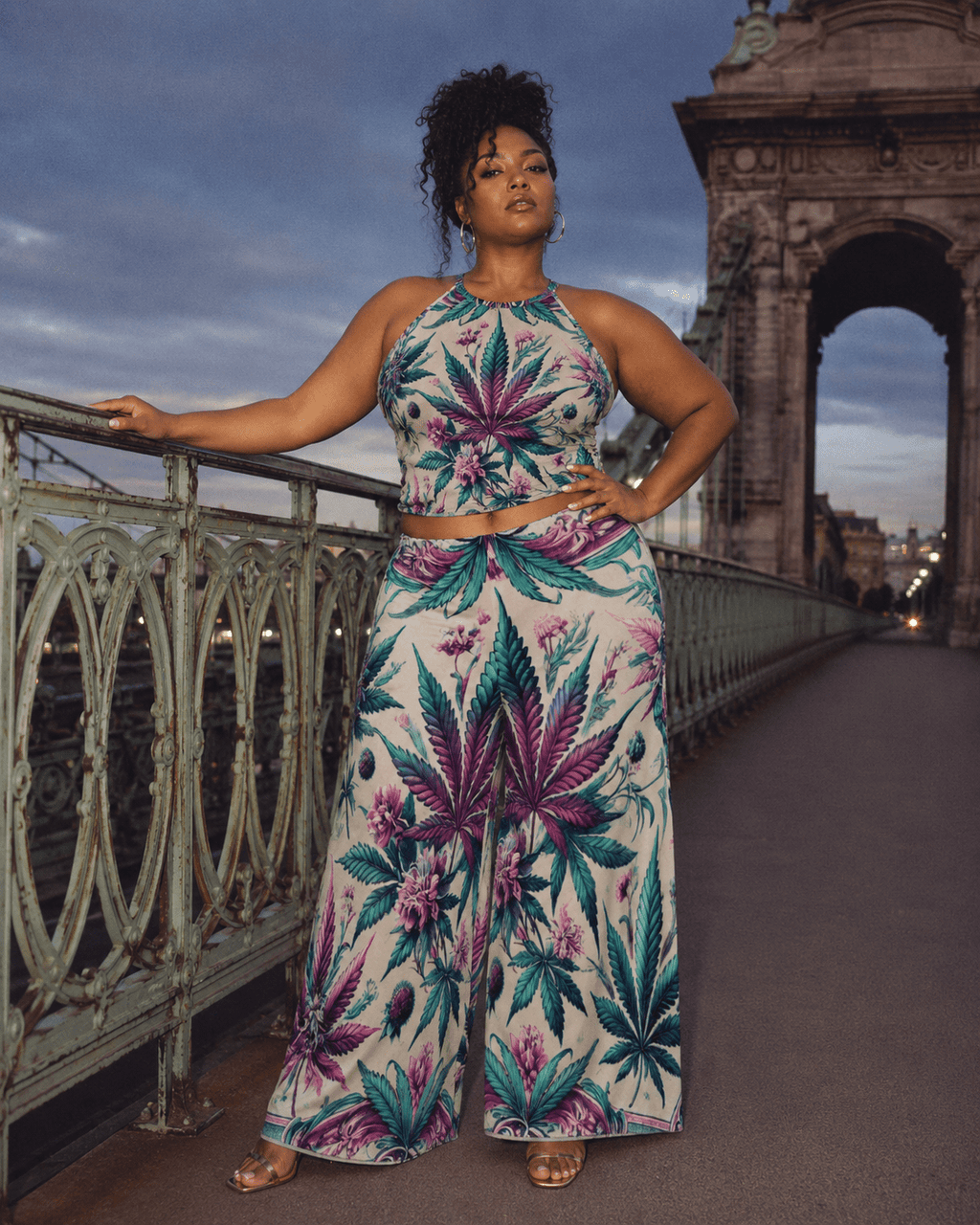 Graphic print wide leg flow pants, walking shot on model