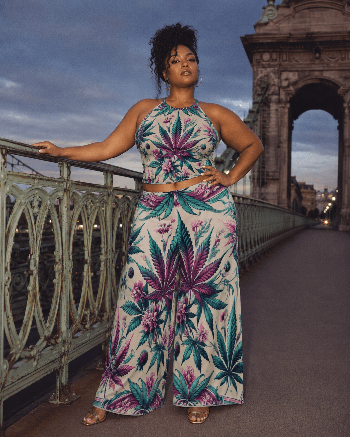 Graphic print wide leg flow pants, walking shot on model