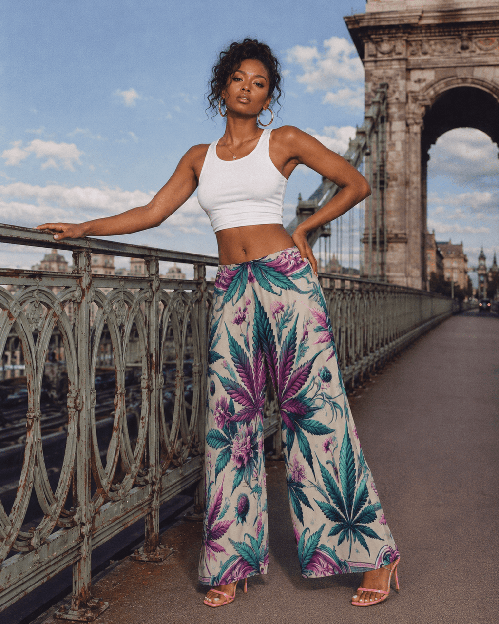 Graphic print wide leg flow pants, front view on model