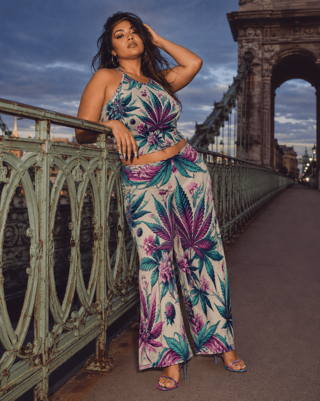Graphic print wide leg flow pants, three-quarter view on model