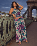 Graphic print wide leg flow pants, three-quarter view on model