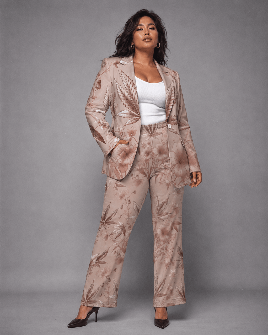 Rose graphic print flare pants, full length view on model outdoors