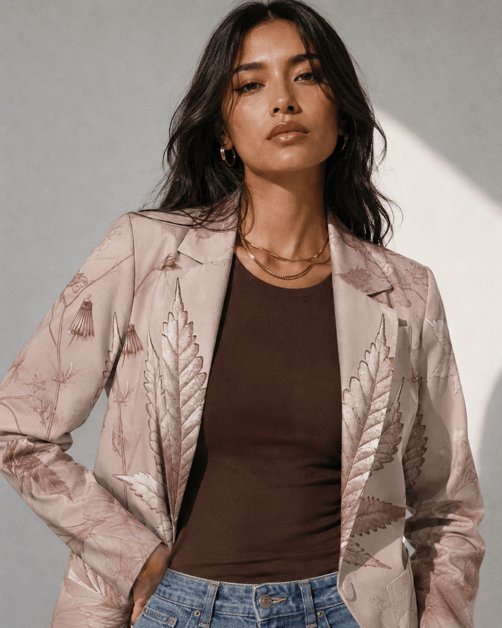 Rosey G rose graphic print shirt blazer, lifestyle editorial shot on model