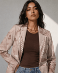 Rosey G rose graphic print shirt blazer, lifestyle editorial shot on model