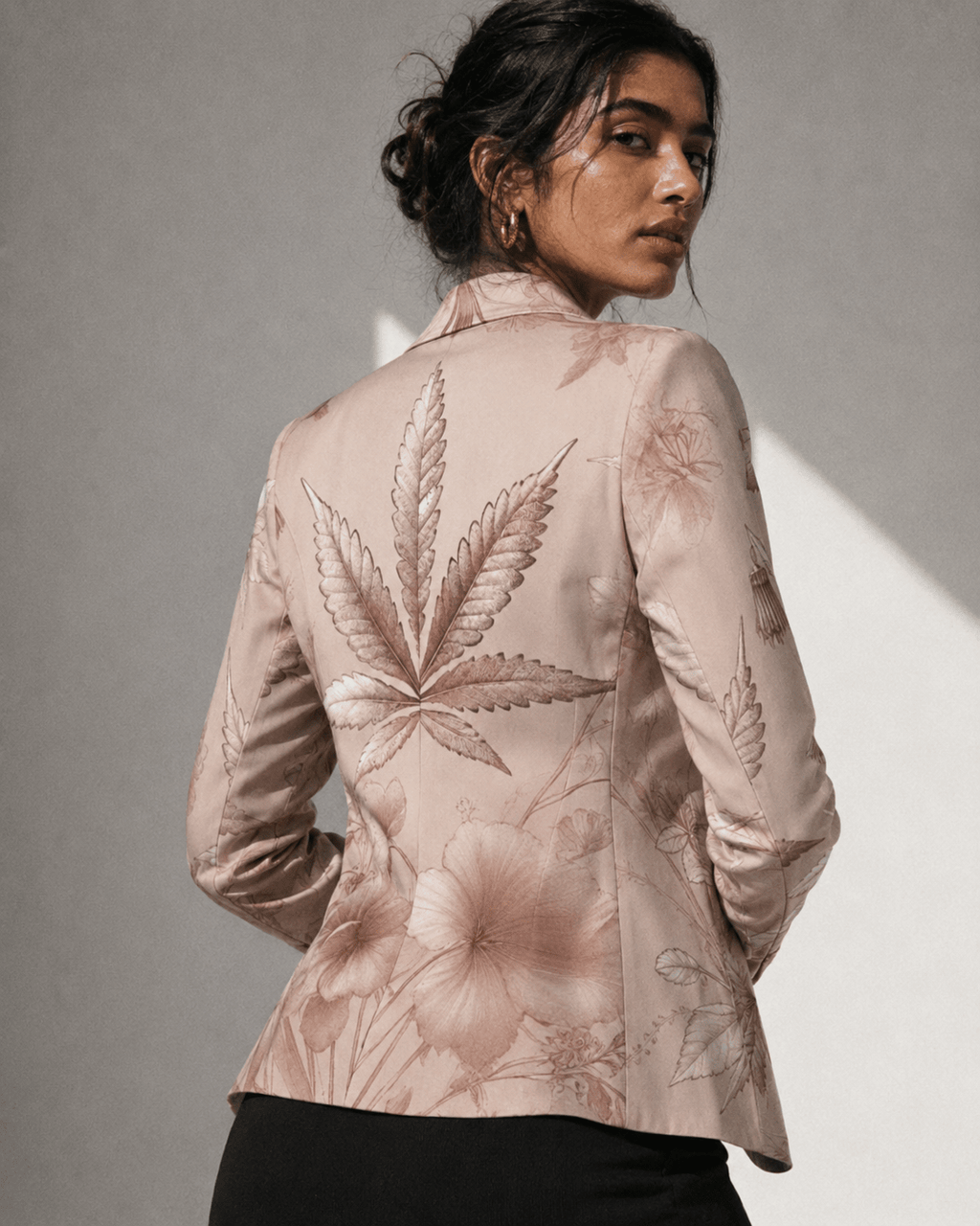 Rosey G rose graphic print shirt blazer, three-quarter view on model