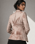 Rosey G rose graphic print shirt blazer, three-quarter view on model