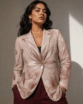 Rosey G rose graphic print shirt blazer, full length view on model outdoors