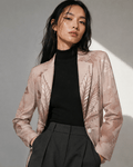 Rosey G rose graphic print shirt blazer, front view on model