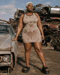 Rosey G rose graphic print sleeveless tank dress, lifestyle editorial shot on model