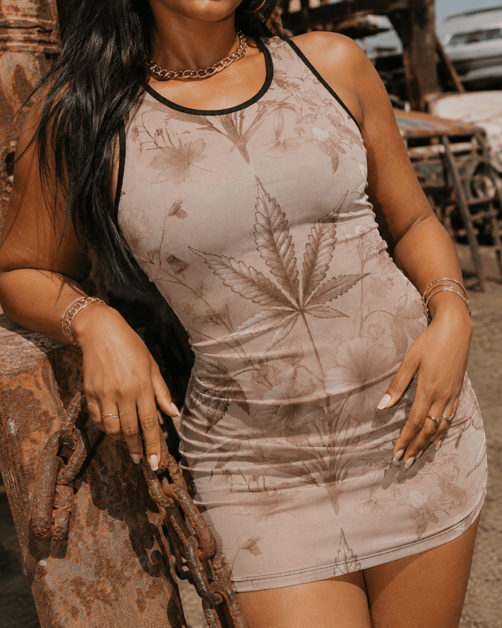 Rosey G rose graphic print sleeveless tank dress, full length view on model outdoors