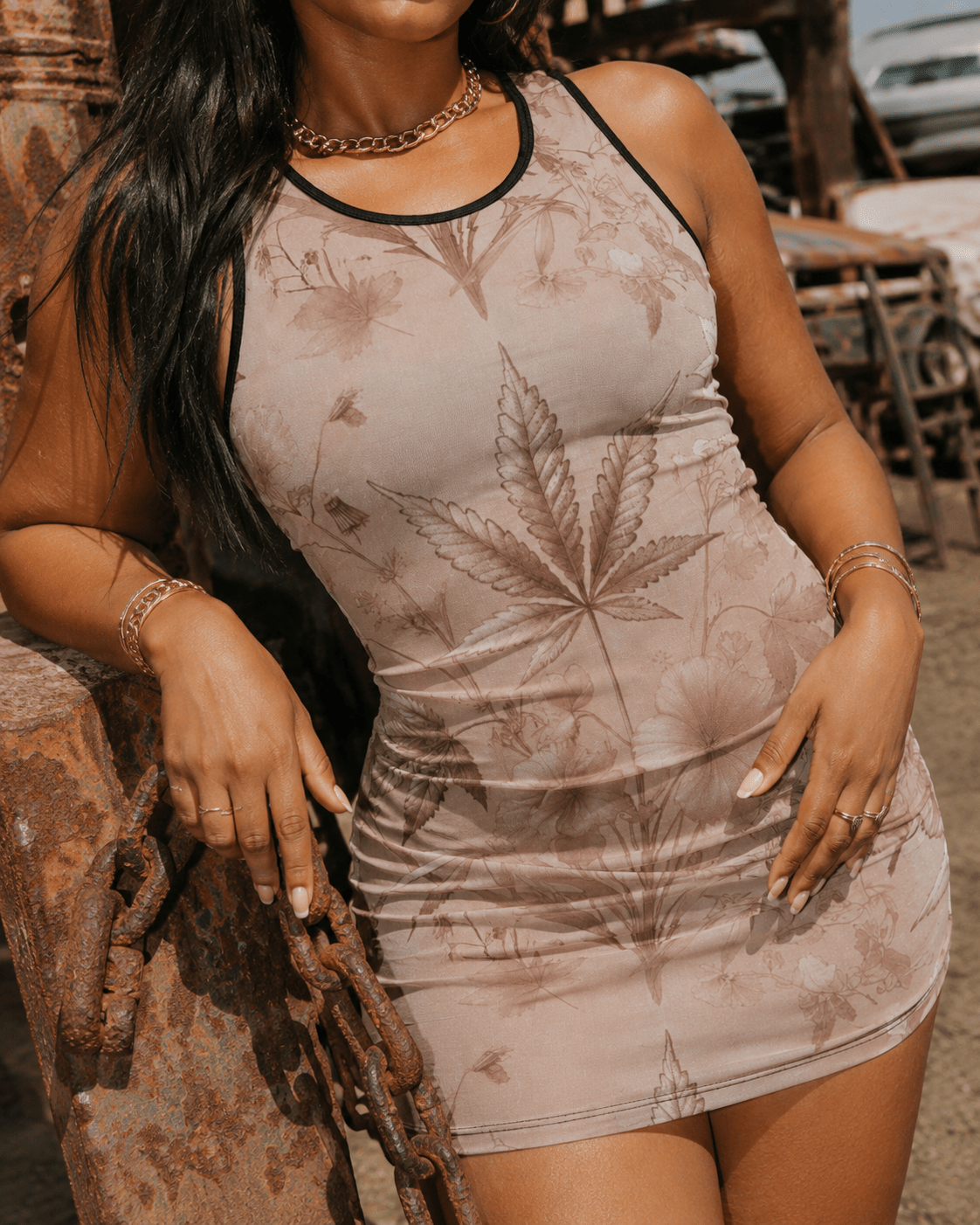 Rosey G rose graphic print sleeveless tank dress, full length view on model outdoors