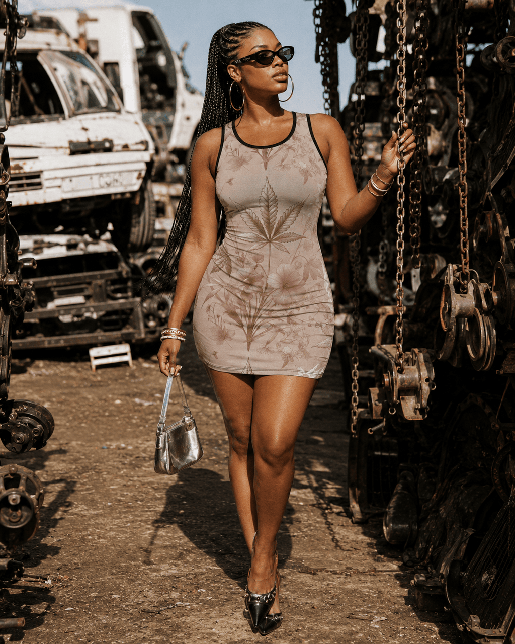 Rosey G rose graphic print sleeveless tank dress, back view on model