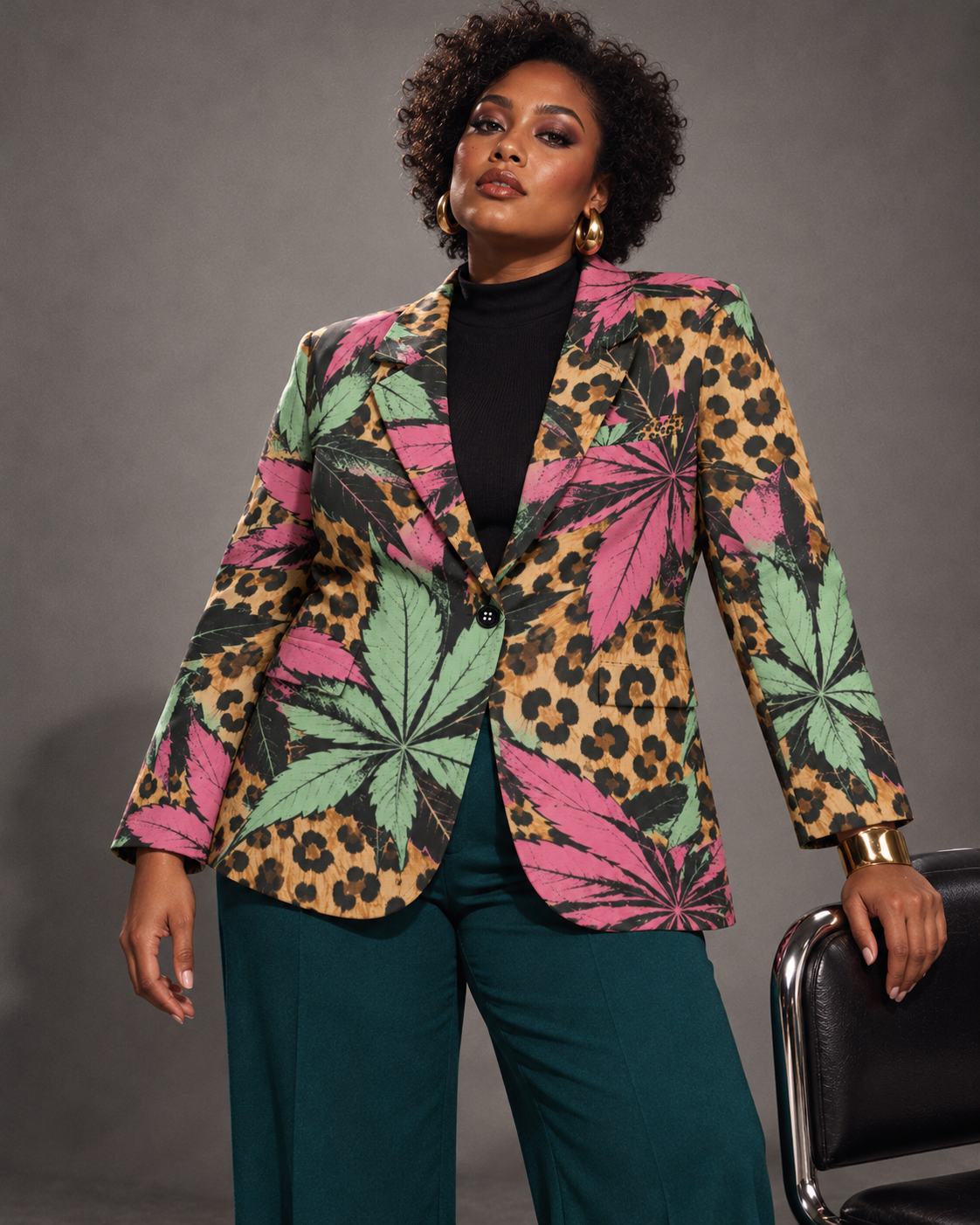 Runtz pink and mint botanical leopard-print blazer, standing with teal trousers and a gold cuff. AI editorial illustration; styling accessories not included.