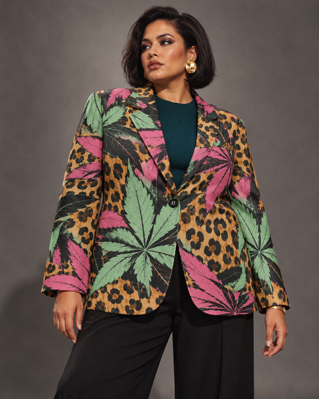 Runtz pink and mint botanical leopard-print blazer, standing with a teal knit top and gold earrings. AI editorial illustration; styling accessories not included.