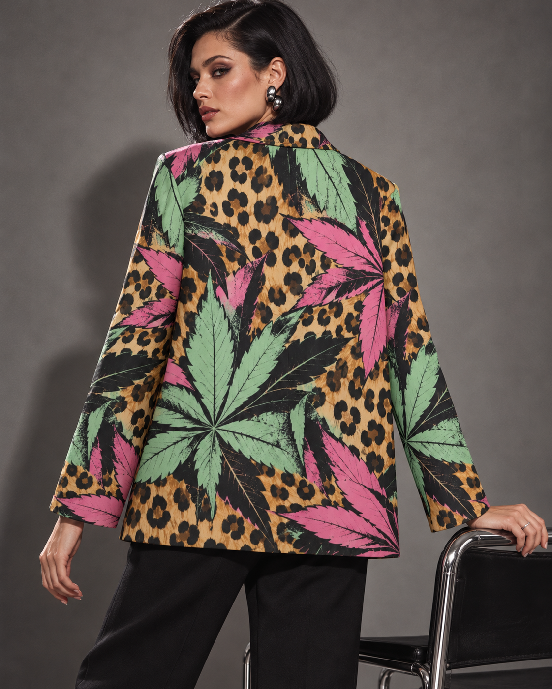 Rear view of the Runtz blazer showing large mint and pink leaves over leopard print. AI editorial illustration; styling accessories not included.