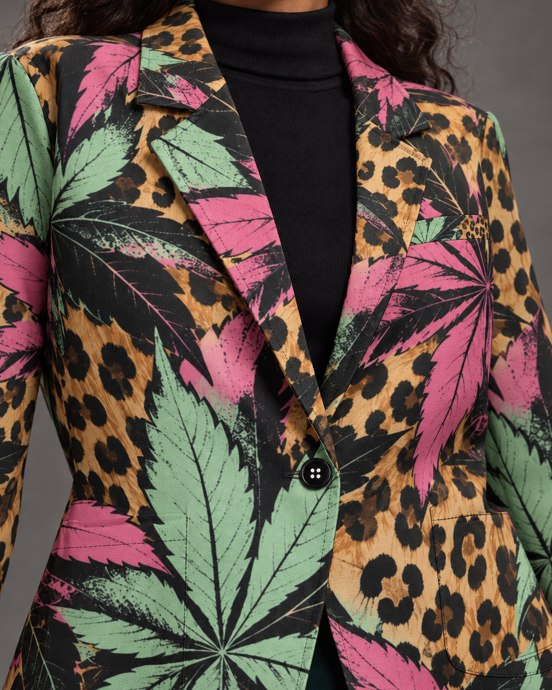 Close-up of Runtz blazer lapels, black button and pink and mint botanical print. AI editorial illustration; styling accessories not included.