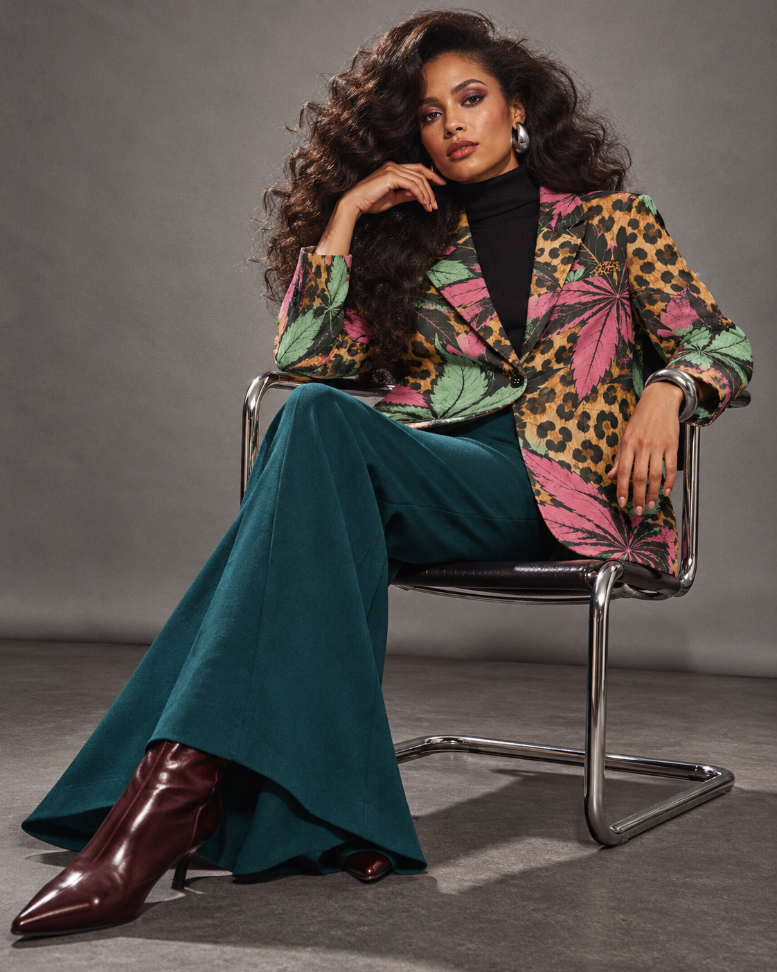 Runtz botanical leopard-print blazer styled with teal flares, seated on a chrome chair. AI editorial illustration; styling accessories not included.