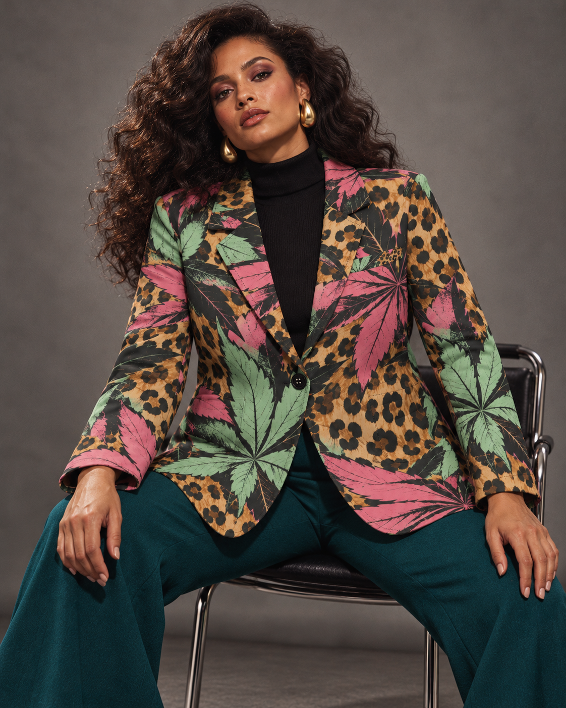 Runtz pink and mint botanical leopard-print blazer, seated with teal trousers and gold earrings. AI editorial illustration; styling accessories not included.