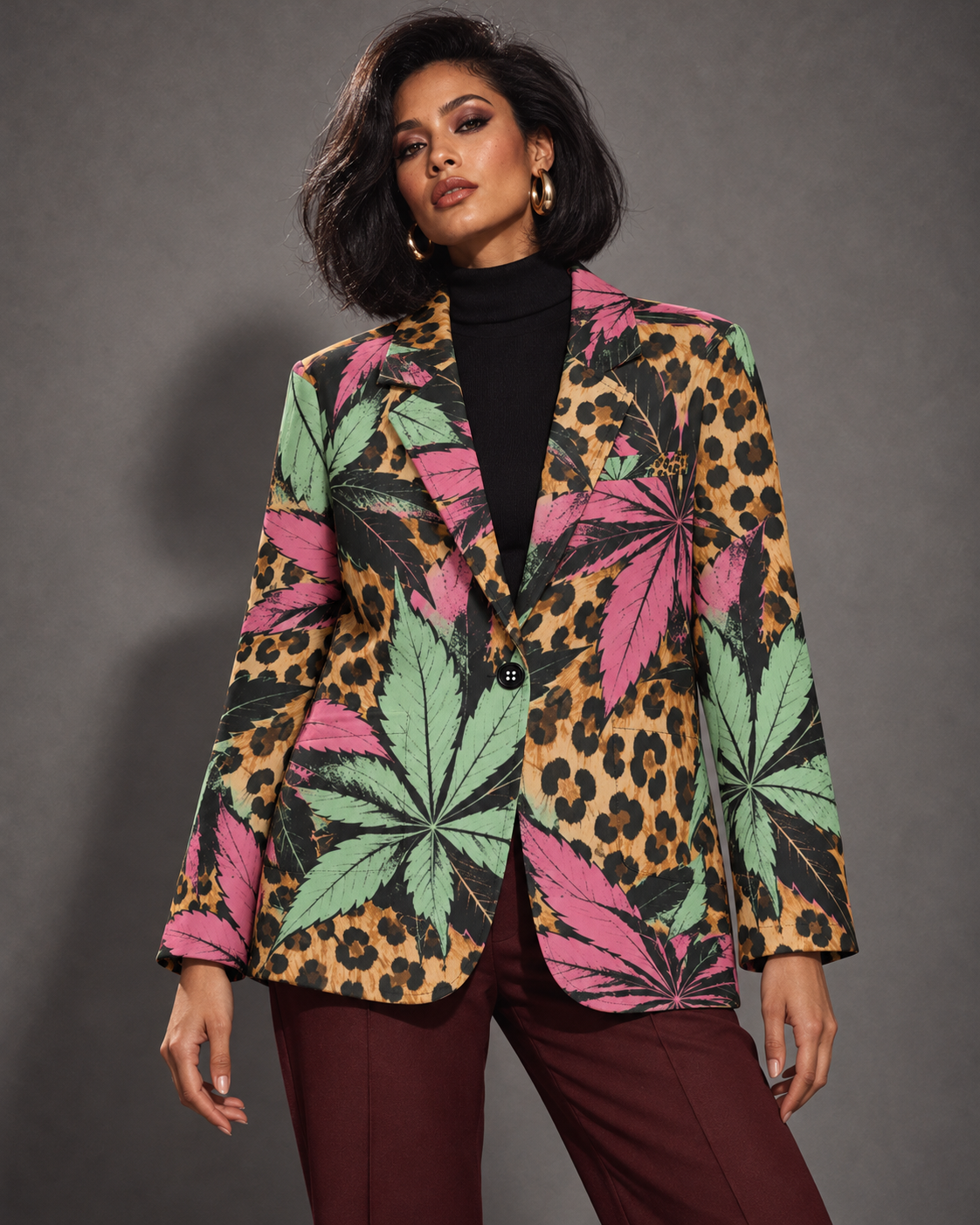 Runtz pink and mint botanical leopard-print blazer, standing with oxblood trousers and gold hoops. AI editorial illustration; styling accessories not included.