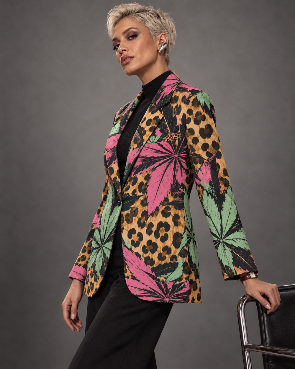 Three-quarter side view of the Runtz blazer showing the long sleeve and curved front hem. AI editorial illustration; styling accessories not included.