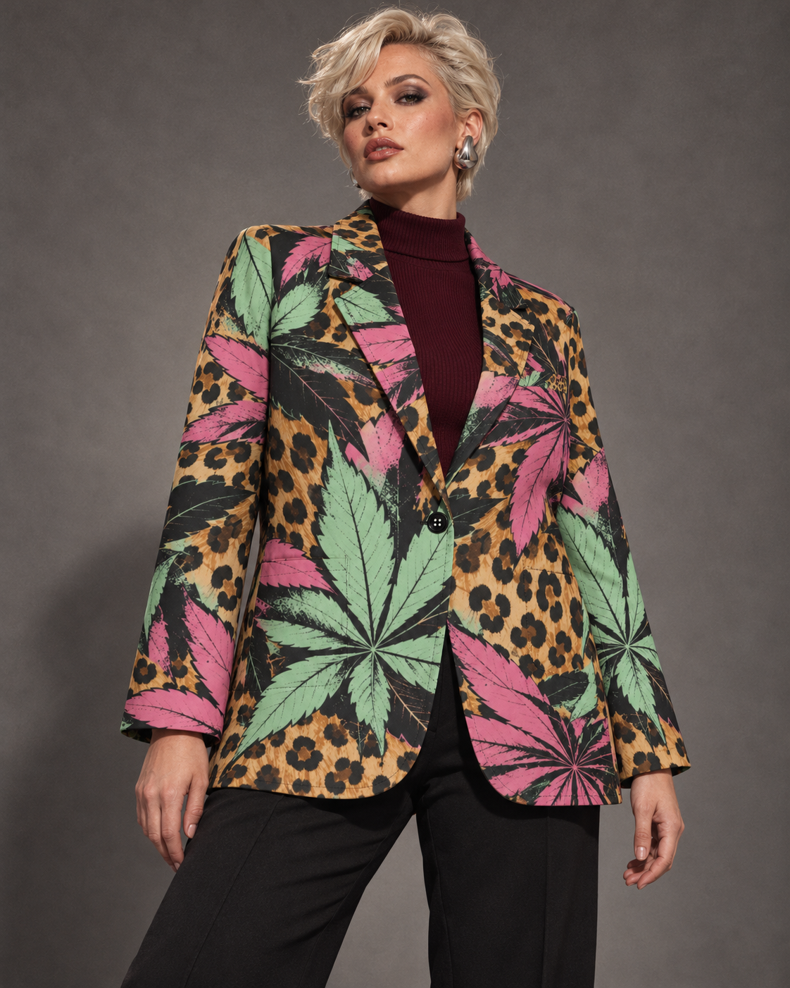 Runtz pink and mint botanical leopard-print blazer, standing in three-quarter view with a burgundy knit top. AI editorial illustration; styling accessories not included.