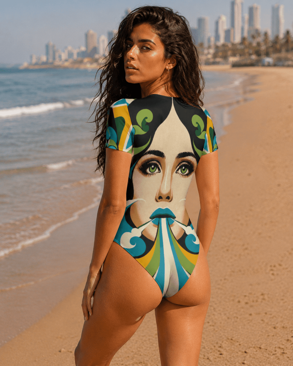 Shalom Chic graphic print bodysuit, back view on model