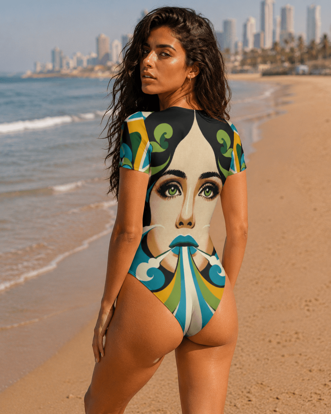 Shalom Chic graphic print bodysuit, back view on model