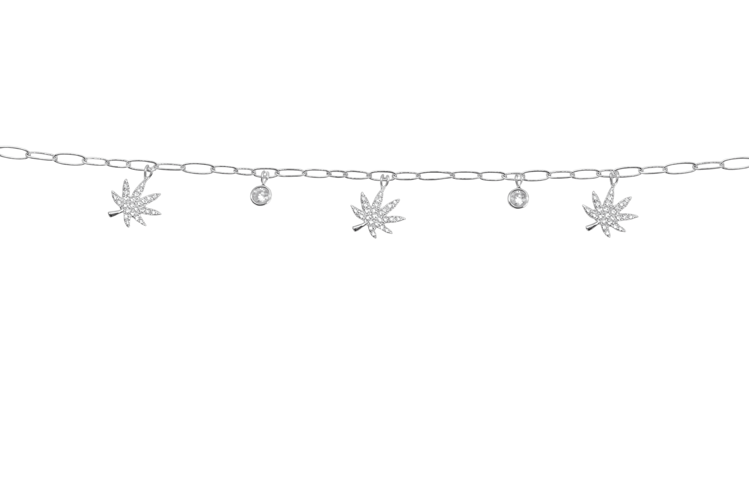 Silver charmed bracelet with botanical charms, product shot on white background
