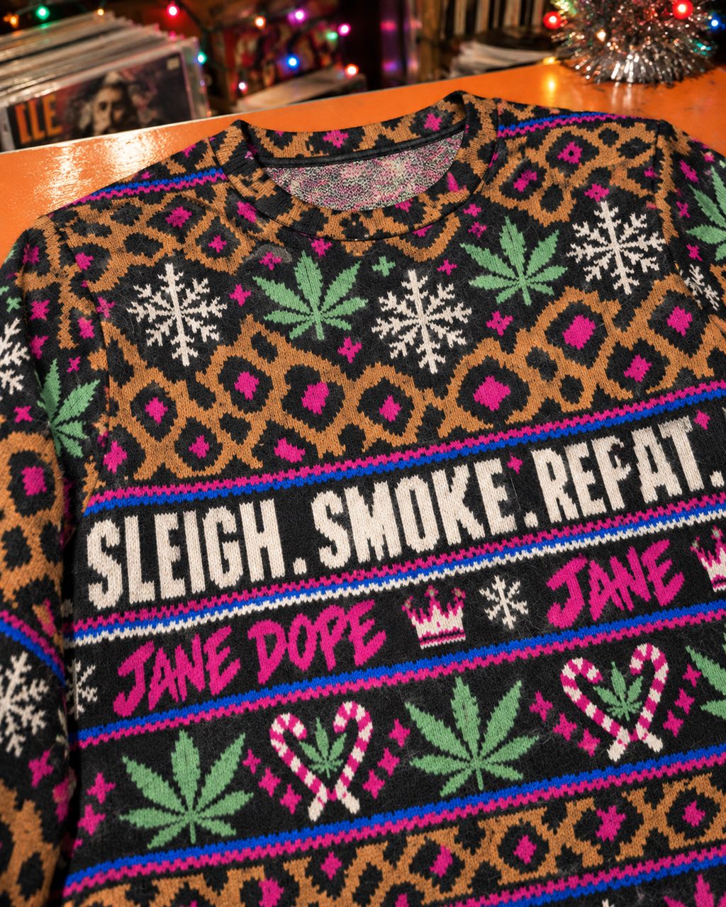 Close-up of knit-textured polyester, leopard print and Sleigh Smoke Repeat lettering