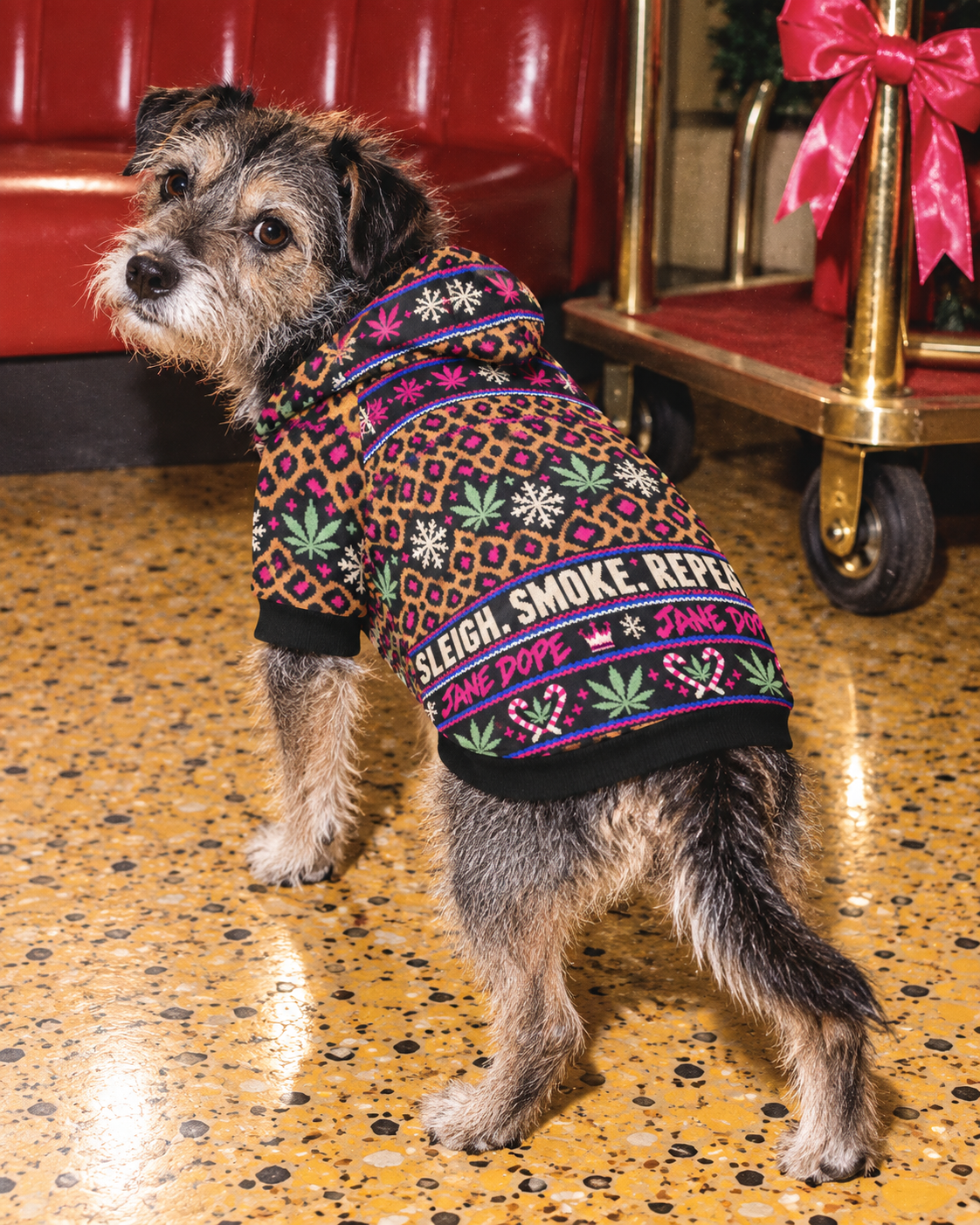 Sleigh. Smoke. Repeat Dog Hoodie 2XL variant in a retro holiday hotel editorial