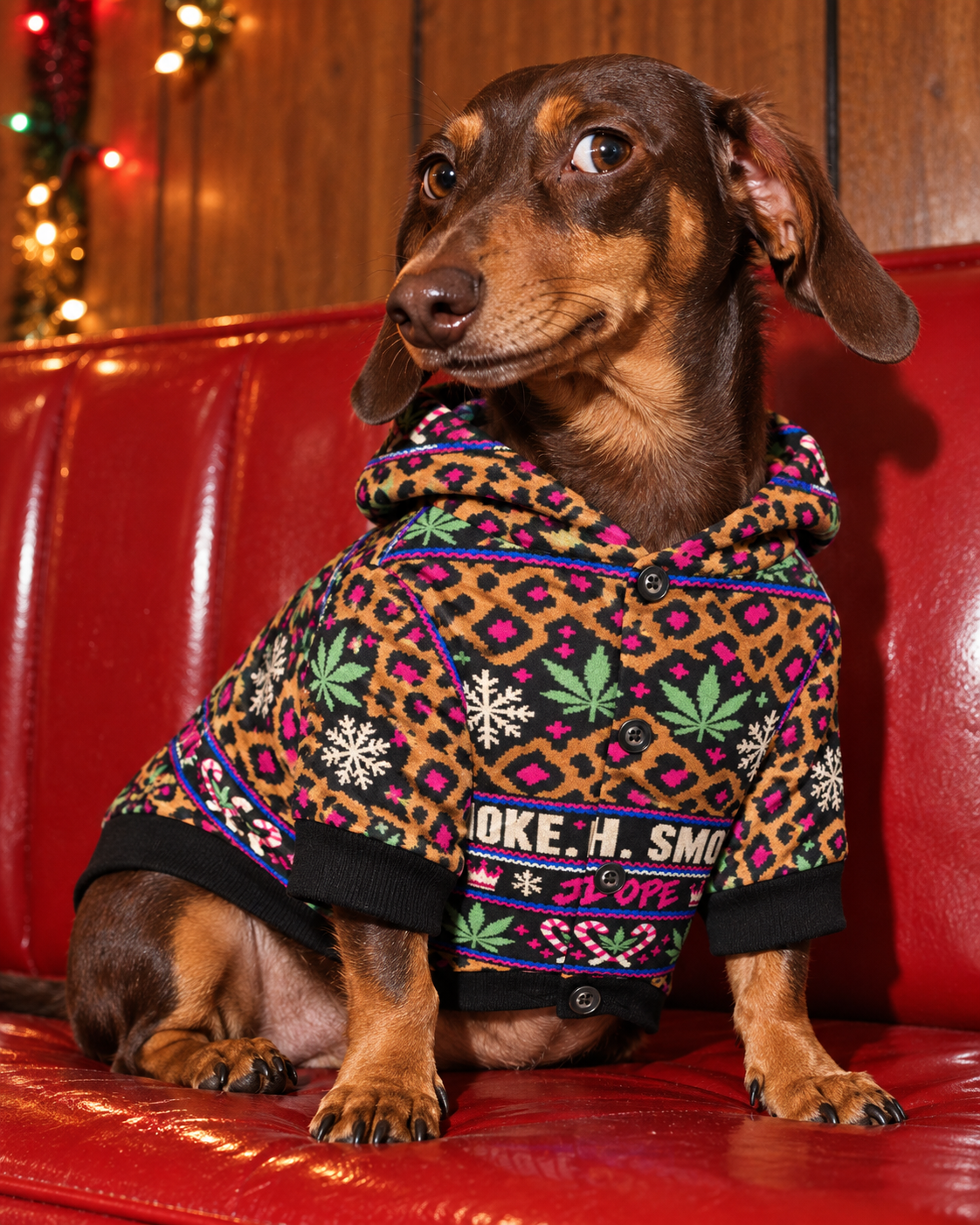 Sleigh. Smoke. Repeat Dog Hoodie front shown on a chocolate dachshund