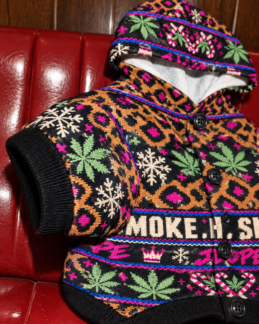 Sleigh. Smoke. Repeat Dog Hoodie leopard and Herb print with black ribbed cuff detail