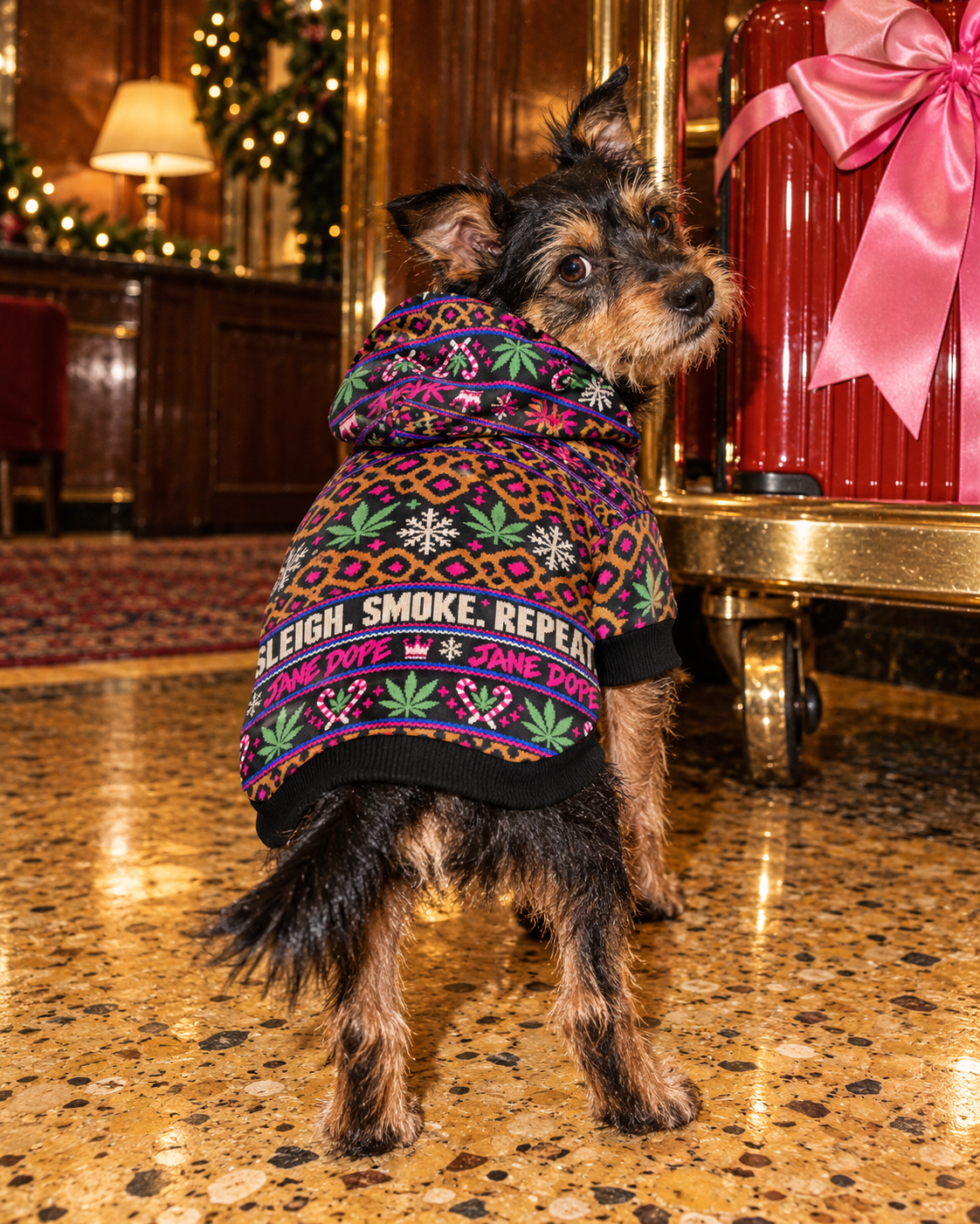 Sleigh. Smoke. Repeat Dog Hoodie on a terrier in a retro holiday hotel lobby
